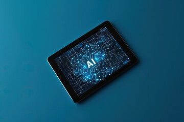 Tablet displaying an intricate AI brain pattern on a blue background