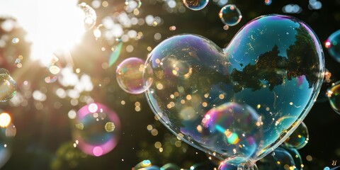Beautiful soap bubbles in the shape of a heart on bokeh background - obrazy, fototapety, plakaty