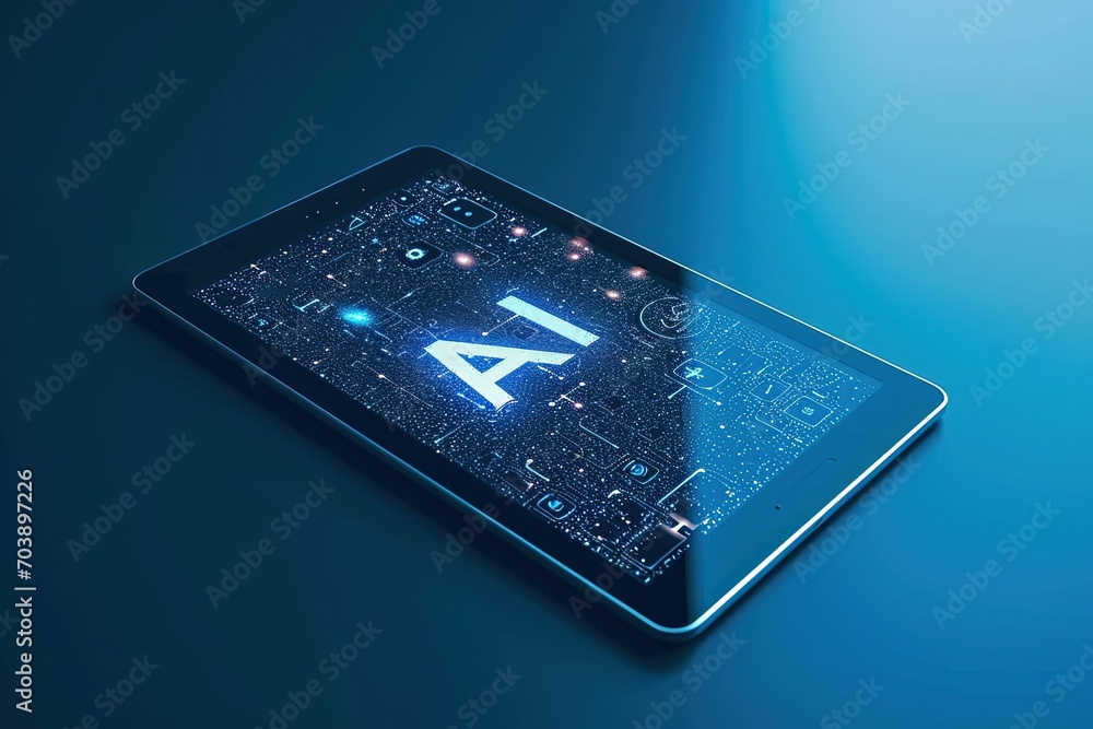 Poster Digital tablet displaying AI neural network, highlighting advanced technology of machine learning.