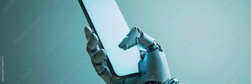 Poster robotic hand gently cradling a smartphone displaying ai, symbolizing tech support
