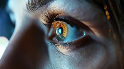Close shot of a woman eyes like a technological eye, Generative AI.