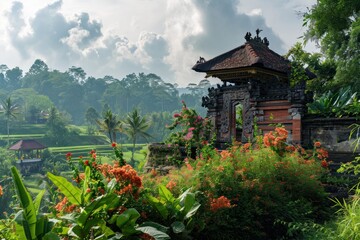 Obraz premium Balinese temple gateway surrounded by flowering plants with rice terraces in the lush backdrop