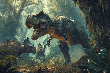 Tyrannosaurus rex roaring amidst jungle with other dinosaurs, ferocity of ancient life