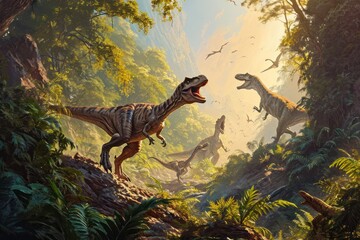 Vivid portrayal of dinosaurs in a primordial forest with dramatic sunlight through the foliage