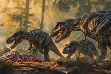 A pack of Velociraptors devouring their prey in a dense, ancient jungle illuminated by light.