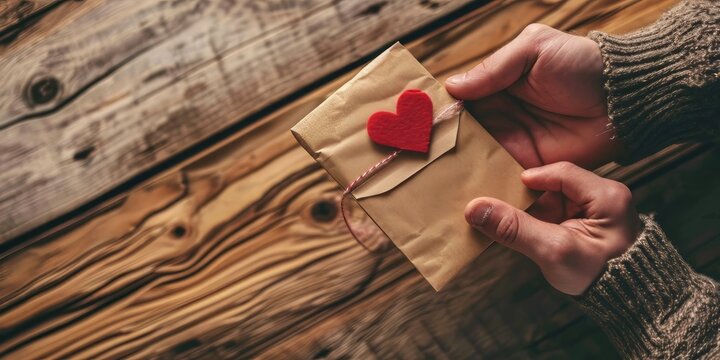 hands holding craft envelope with red hearts on rustic wooden background.