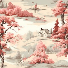 red and grey vintage toile French countryside feminine wallpaper seamless pattern