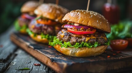 Close shot of burgers kept one after another in a dark backdrop, Generative AI.
