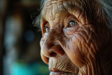 Macro portrait of an elderly woman face, detailed textures of aging skin and wisdom in her eyes - obrazy, fototapety, plakaty