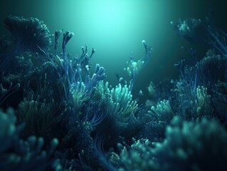 Fototapeta na wymiar 3D Render Abstract Background With an Underwater World Setting and Shades of Blue and Green