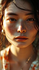 Close shot of make up less Asian woman in summer dress, Generative AI.