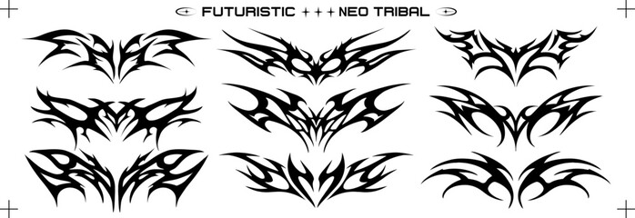Y2K tribal shapes in retro futuristic style. Futuristic and Neo Tribal Tattoo Designs: A Modern Twist on Traditional Motifs. Succubus womb art, cyber sigilism style hand drawn ornaments. Vector