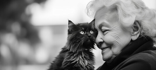 Elderly woman shares a tender moment with her black cat, black and white