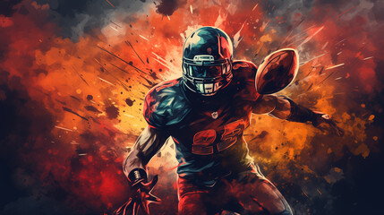 american football player with ball on fire, American football helmet, American football field, player in action, american football style background , Ai generated image - obrazy, fototapety, plakaty