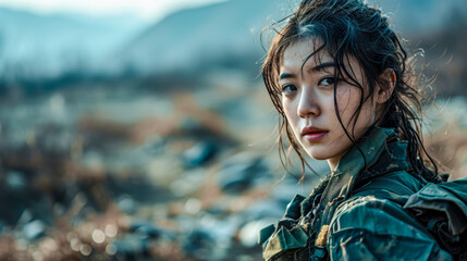 Portrait of a Young Self-Confident Korean Woman Dressed in a Fantasy Uniform Wallpaper Background Brainstorming Family Digital Art Magazine Poster