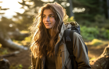 Young female explorer with backpack in sunlit forest