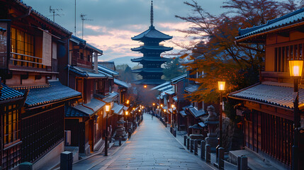 A photo of the historic streets of Kyoto, with ancient temples 