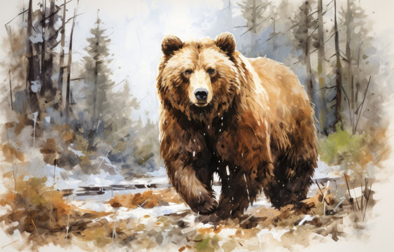 Brown bear walking in winter forest. Watercolor illustration