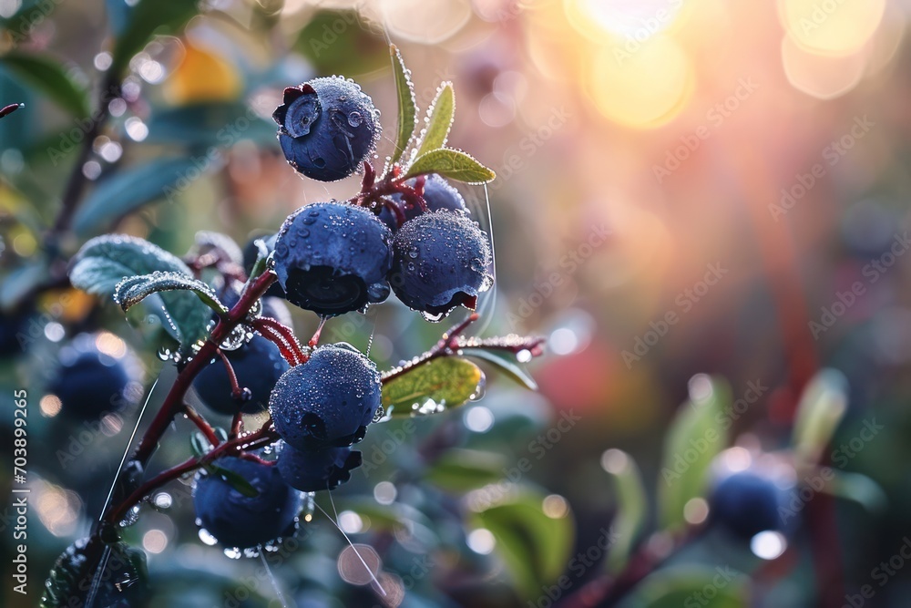 Aufkleber sun-kissed blueberries with morning dew sparkle against a bokeh backdrop in the orchard