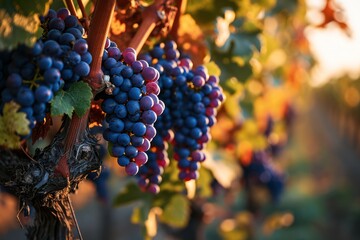 Clusters of grapes hanging from vines, rich in color against the autumn sunset