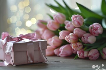 Pastel pink gift beside blooming tulips, a serene setting with a festive touch