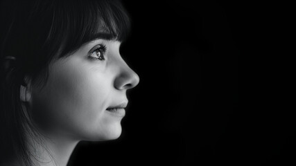 Fototapeta premium Hübsches Gesicht einer Frau im Seitenprofil in schwarz weiß mit wunderschönen Augen und Nahaufnahme, ai generativ