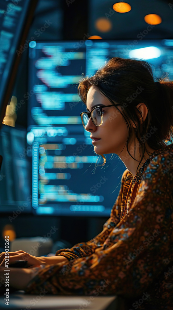Poster professional caucasian woman engaged in writing code on a desktop computer with multiple screens, se