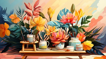 vibrant still life painting of flowers in vases - obrazy, fototapety, plakaty