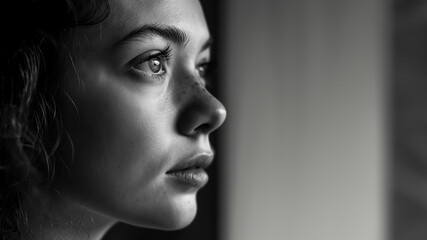 Hübsches Gesicht einer Frau im Seitenprofil in schwarz weiß mit wunderschönen Augen und Nahaufnahme, ai generativ