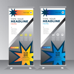 roll up banner desing with star sahpe, roll up banner template with blue and yellow background, vertical banner template, vector eps 10	