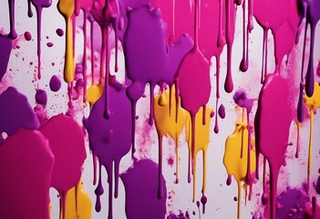 Purple pink magenta white yellow painted grunge plaster wall surface background with colorful drips