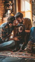 Happy Gay Couple Play with Their Dog, Gorgeous Brown Labrador Retriever. Boyfriends Tease, Pet and Scratch Super Happy Doggy, Have Fun in the Living Room