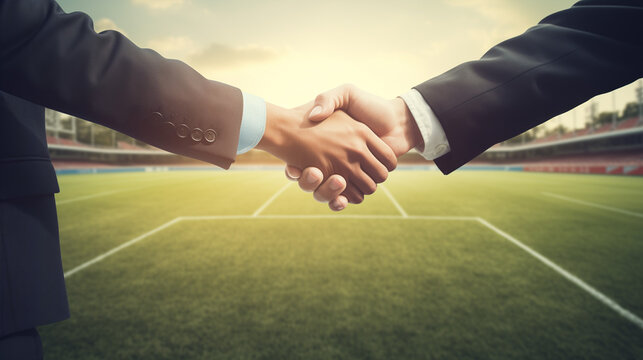 handshake between two professionals, handshake with soccer field background,  business people shaking hands in the office, business handshake on the background of the city, Ai generated image