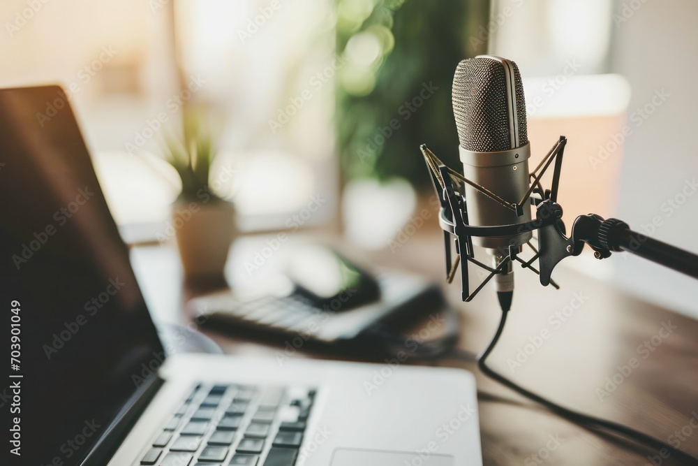 Wall mural Modern podcasting setup with professional microphone and laptop on a well-lit wooden table.