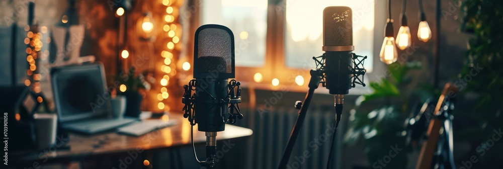 Aufkleber Professional podcast setup with microphone and bokeh lights, creating a cozy recording atmosphere