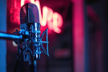 Professional microphone in studio with red neon On Air sign live podcasting or radio broadcasting