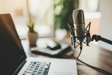 Modern podcasting setup with professional microphone and laptop on a well-lit wooden table. - obrazy, fototapety, plakaty