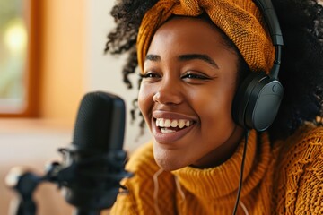 Cheerful African American woman in yellow attire podcast home recording setup with natural light - obrazy, fototapety, plakaty