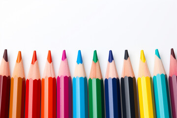 Color crayon pencil, vibrant, on white background, copy space. art education.