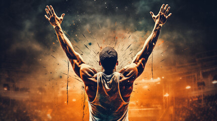Fototapeta na wymiar Rear view of a basketball player with his arms in the air, man with arms outstretched, person with arms raised in the sky, Ai generated image 