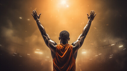 Rear view of a basketball player with his arms in the air, man with arms outstretched, person with arms raised in the sky, Ai generated image 