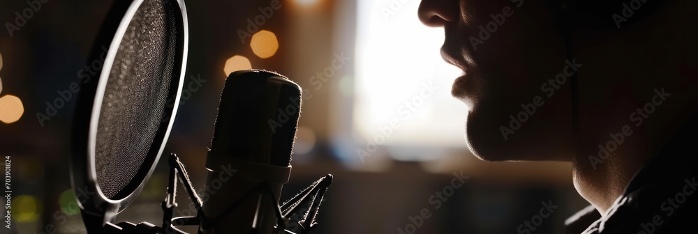 Poster silhouette of podcaster speaking into studio microphone, intimate recording session.