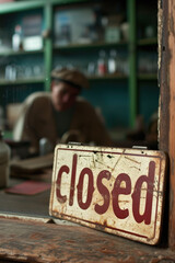 Closed sign with sad business owner in background