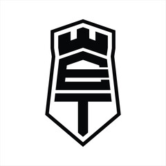 ET Letter Logo monogram hexagon shield shape up and down with crown castle isolated style design