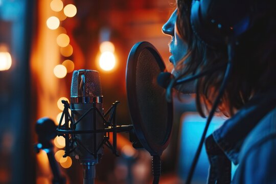 Woman podcaster speaking into studio mic, ambient lighting creates vibrant podcasting atmosphere