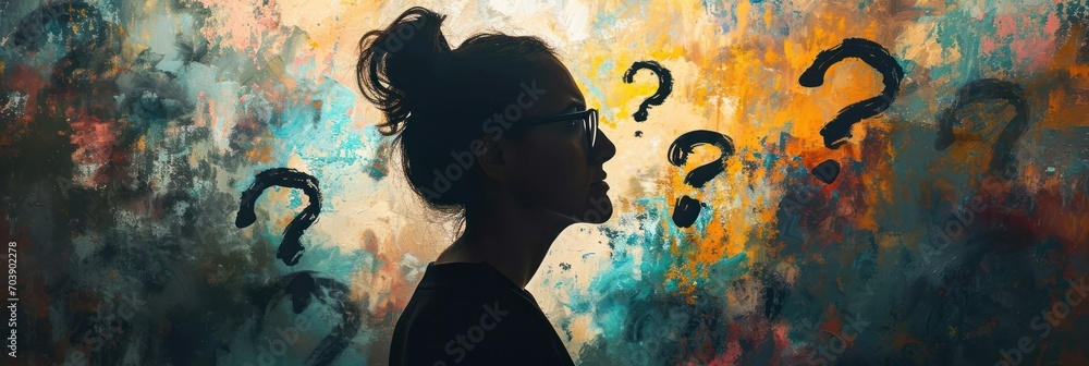 Poster woman face vibrant abstract background with floating question marks, curiosity and contemplation