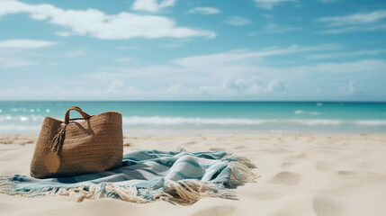 Obraz premium A beach bag with accessories, with a beach in the backdrop