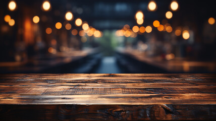 An empty wooden table top with a blurred background