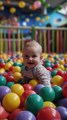 Baby Engages in Playful Exploration amidst a Colorful Ball Pit, Delighting in a World of Vibrant Hues and Playful Surfaces