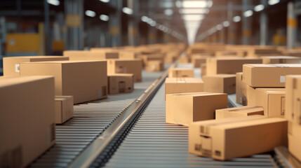 Many cardboard box parcels move along a conveyor belt at a warehouse.